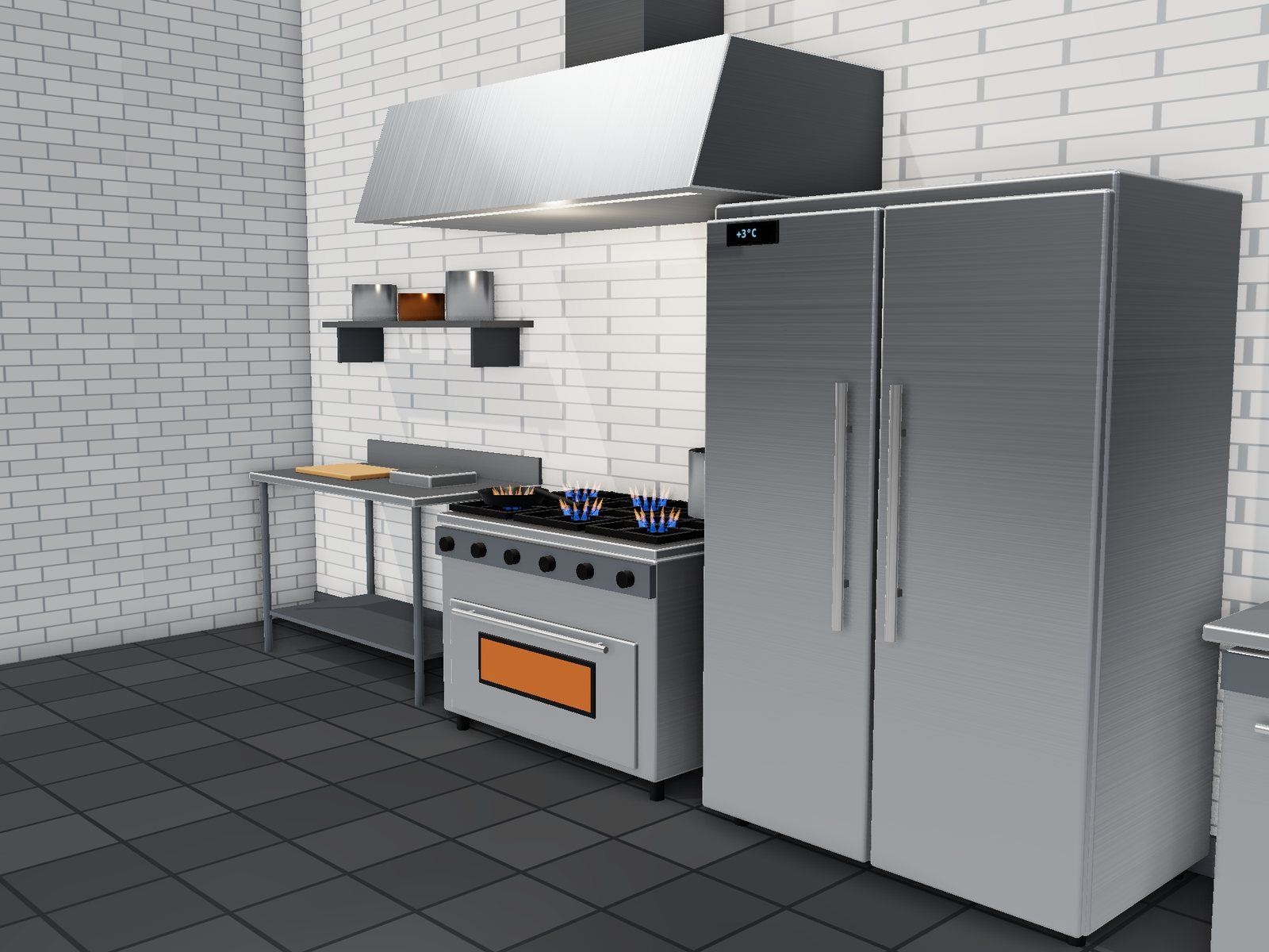 Commercial kitchen line with six-burner range, extraction hood and two-door refrigerator