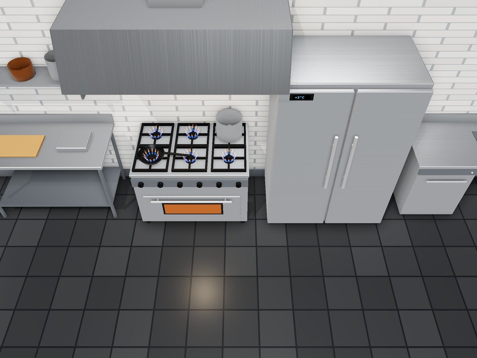 Overhead view of a commercial kitchen layout with prep, cooking, refrigeration and warewashing stations