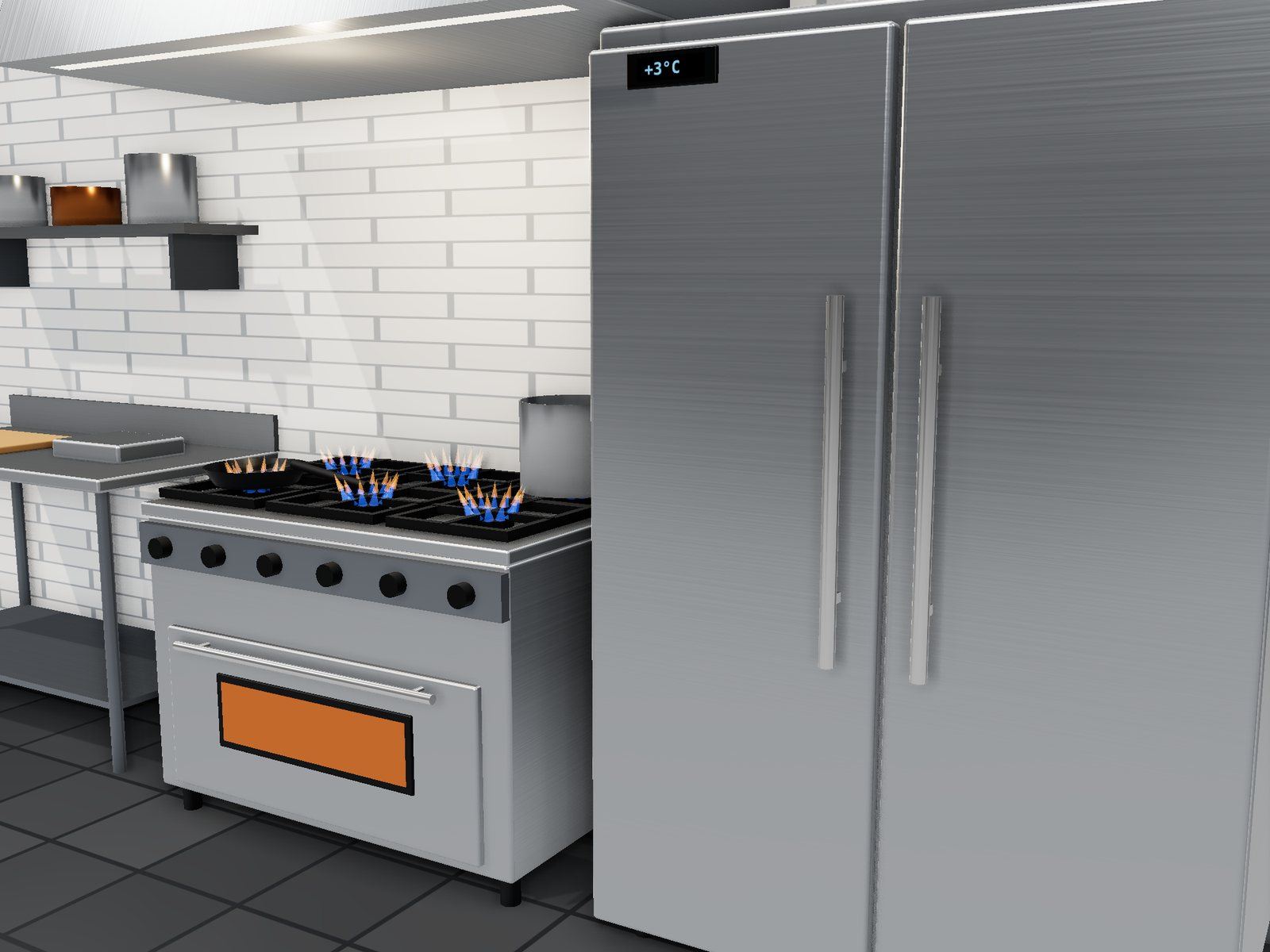 Two-door stainless steel refrigerator next to a six-burner commercial range