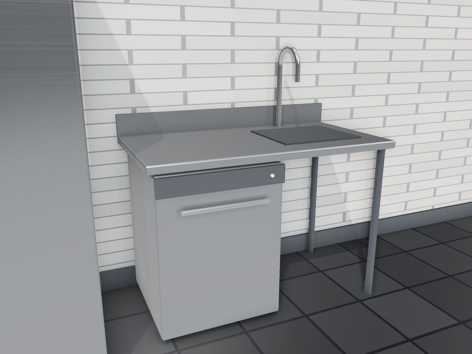 Installed undercounter dishwasher and stainless steel sink table