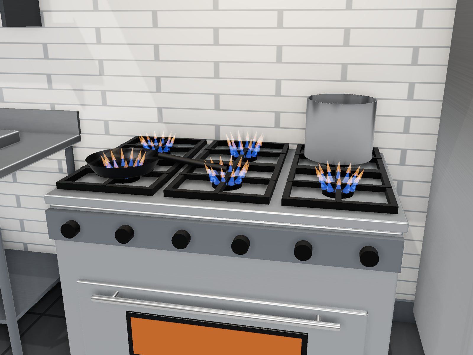 Six-burner commercial gas range with lit burners, cast-iron grates and a stock pot